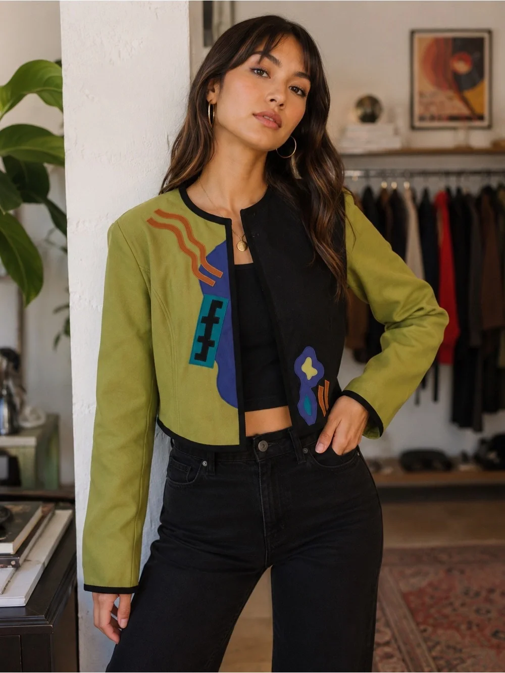 Vintage Beppa 100% Pure Wool Colorblock Abstract Cropped Jacket Size M